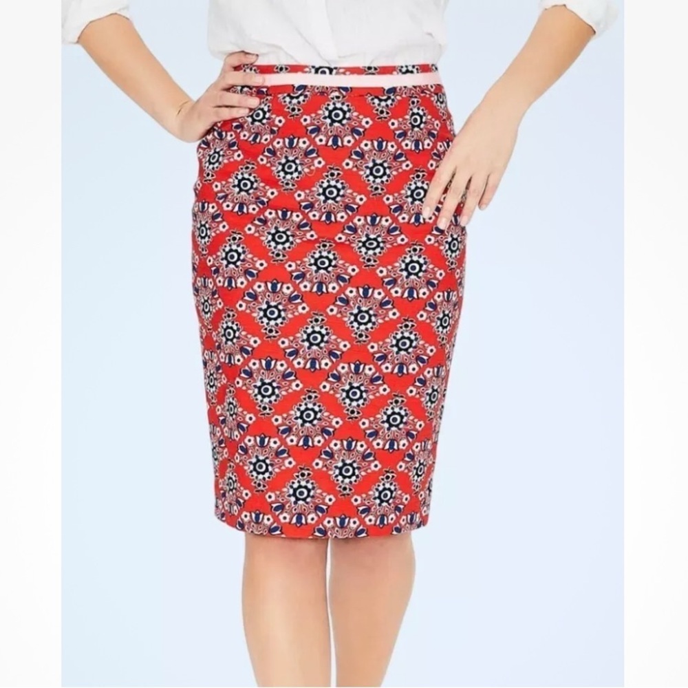 Boden 6 Petite Red & Blue Floral Geometric Straight Pencil Skirt ~ Preppy Career